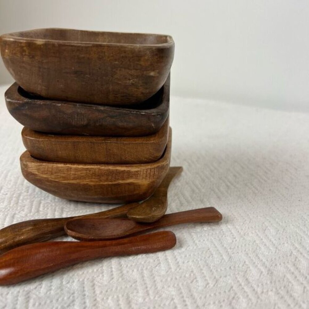 Vintage Antique 8 Piece Teak Wood Primordial Bowl and Spoon Sauce Serve Set - Picture 13 of 13